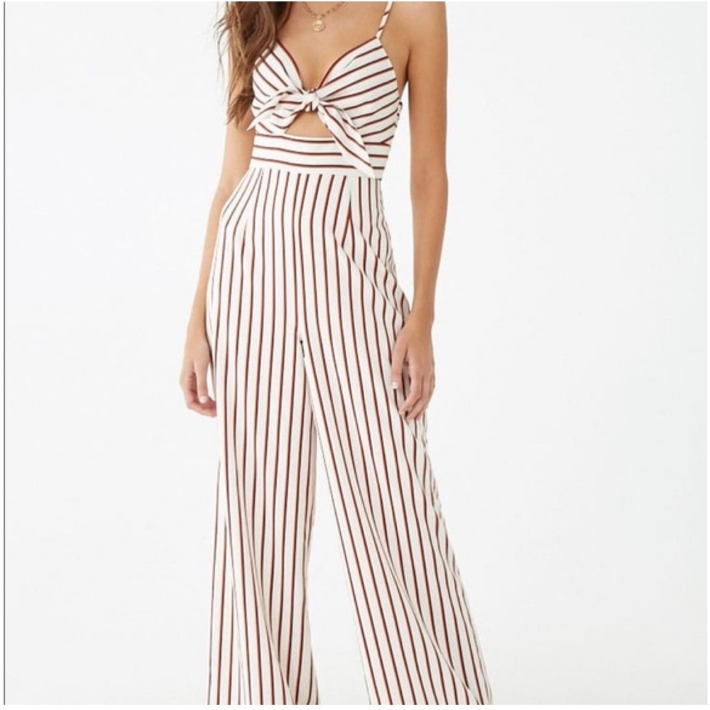 Forever 21 Cream and Brown Striped Jumpsuit